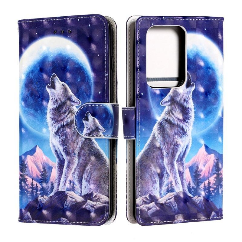 Könnyű PU bőr pénztárca tok Samsung Galaxy S20 Ultra-hoz - üvöltő farkas