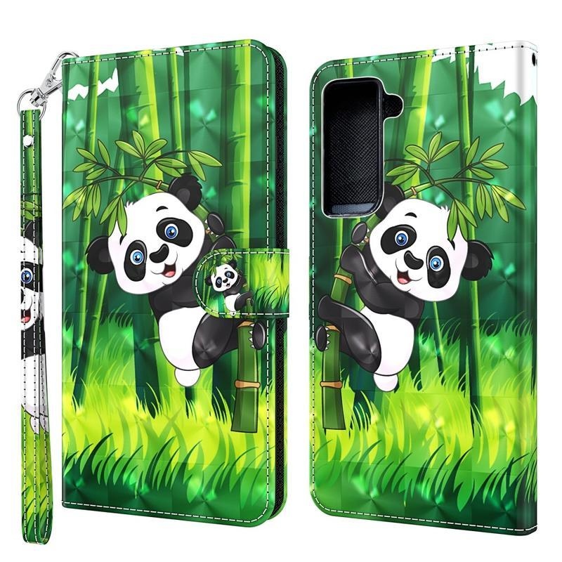 Nyomtatás PU bőr pénztárca tok Samsung Galaxy S21 - panda a bambuszon