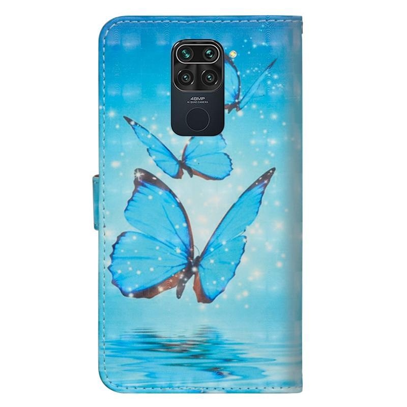 Nyomtatott PU bőr pénztárca tok Xiaomi Redmi Note 9 - kék pillangókhoz