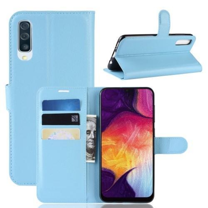 Litchi PU bőr pénztárca tok Samsung Galaxy A50 / A30s készülékhez - kék