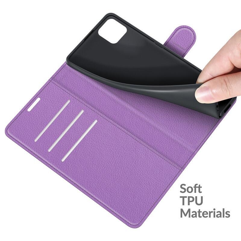 Litchi PU bőr pénztárca tok Samsung Galaxy A22 5G-hez - lila