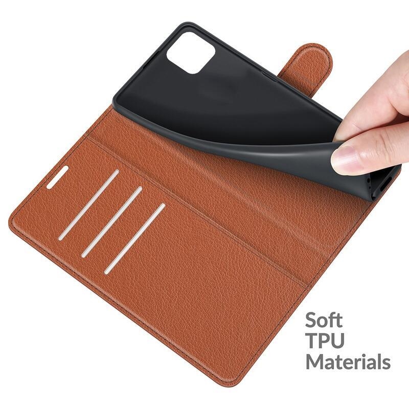 Litchi PU bőr pénztárca tok Samsung Galaxy A22 5G-hez - barna