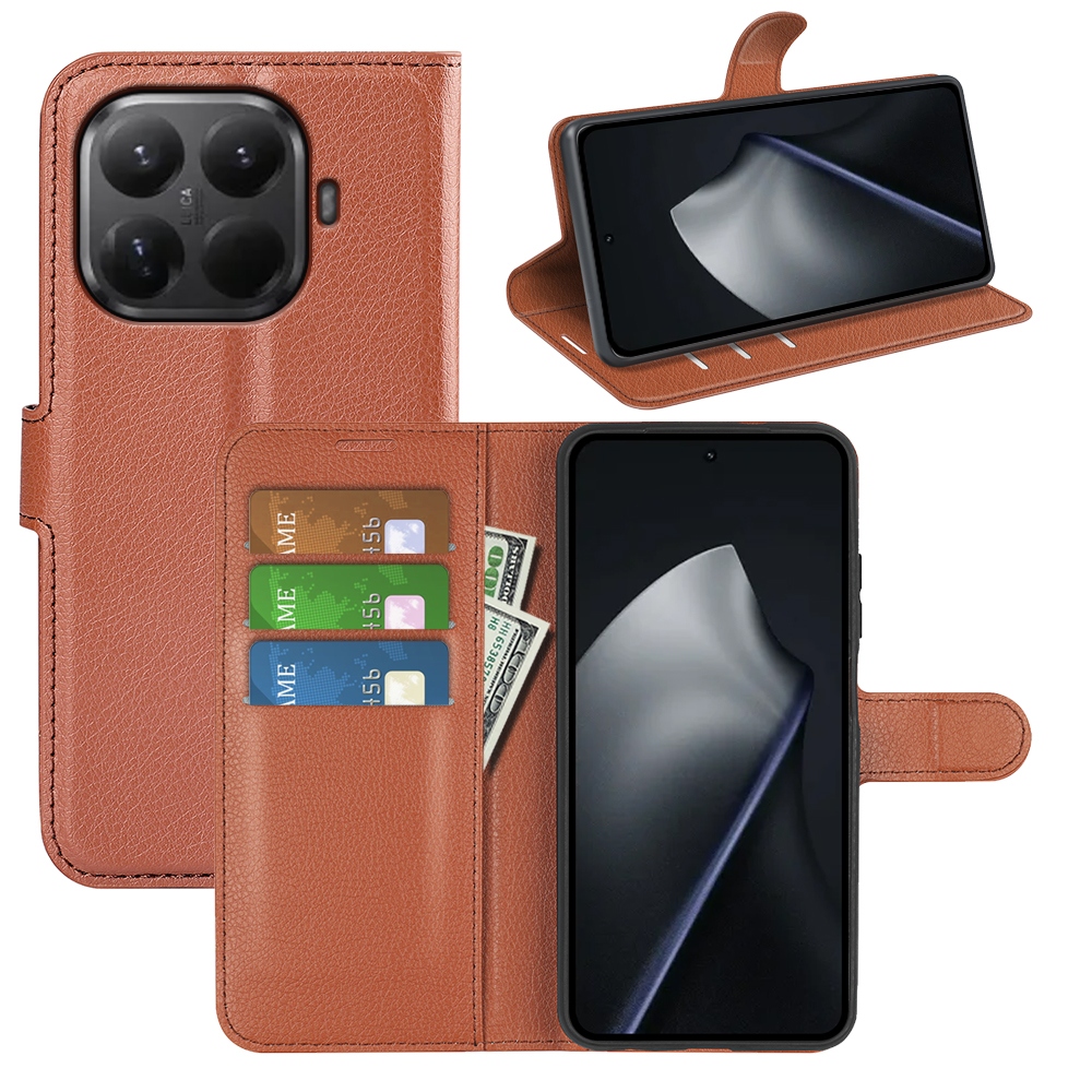 Litchi könyvformájú tok a Xiaomi 17T mobiltelefonhoz – barna