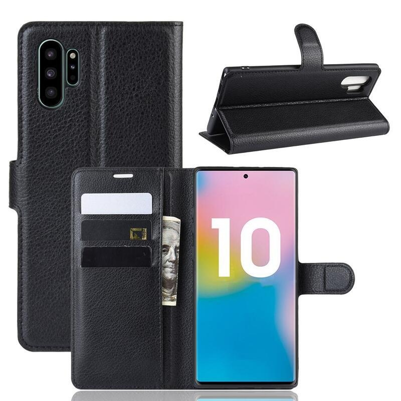 Litchi könyv tok Samsung Galaxy Note 10 Plus készülékhez - fekete