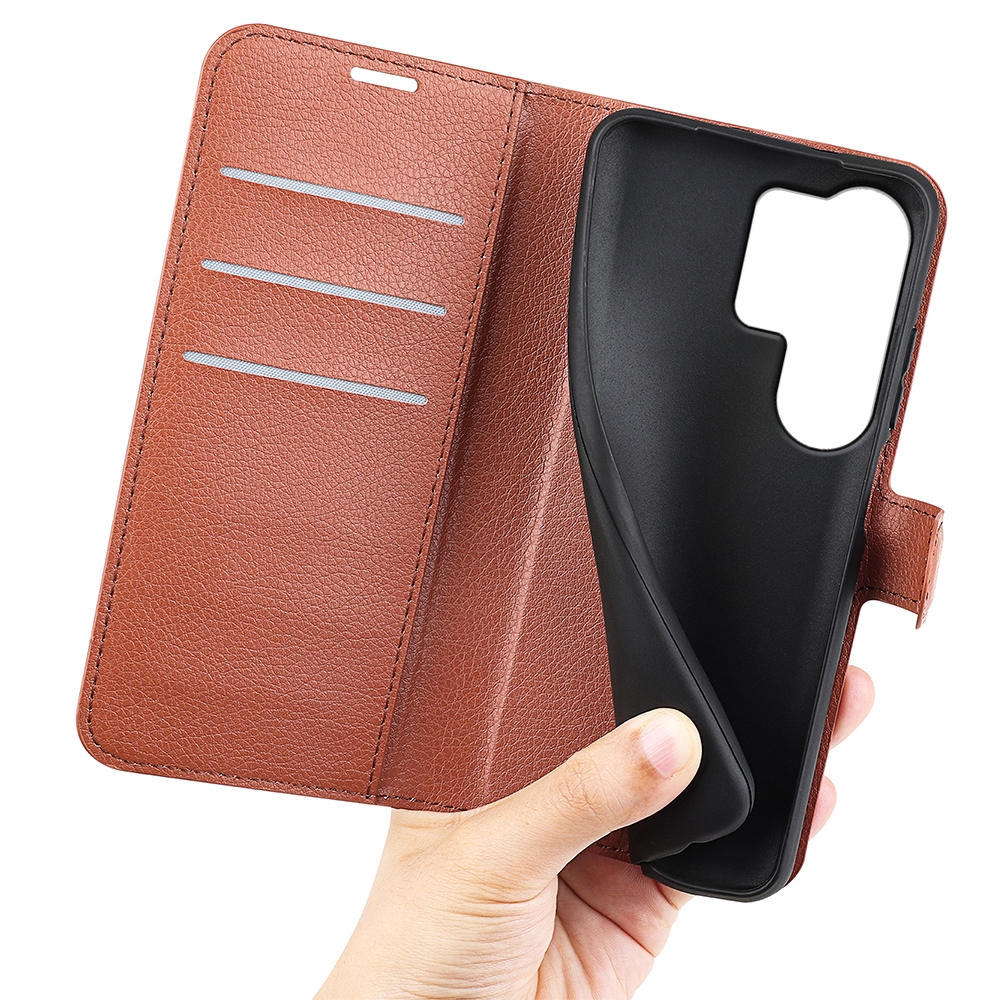 Litchi könyv tok Samsung Galaxy S26 Ultra készülékhez - barna