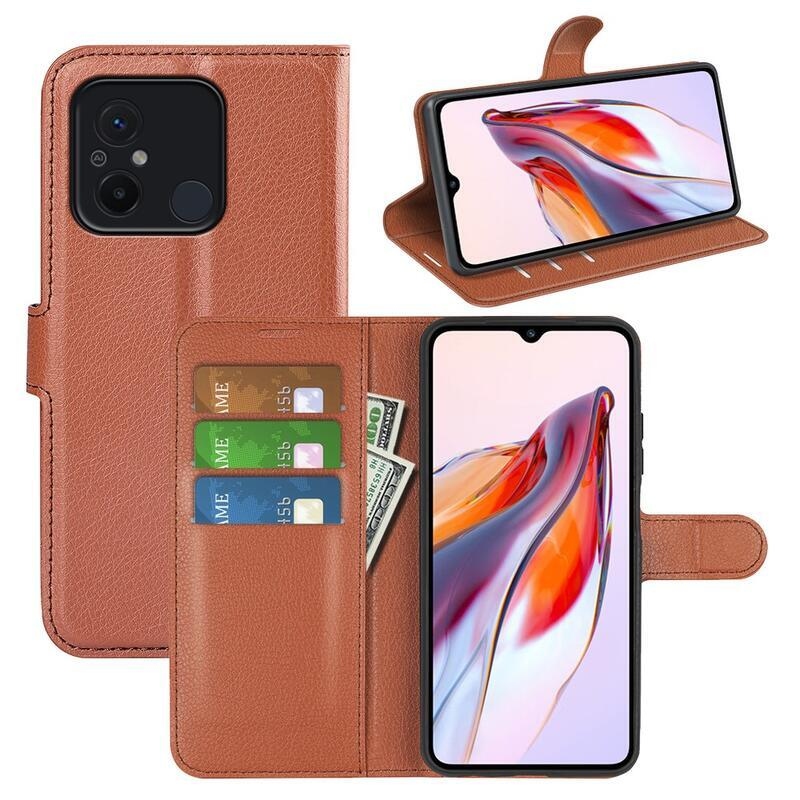 Litchi könyv tok Xiaomi Redmi 12C-hez - barna