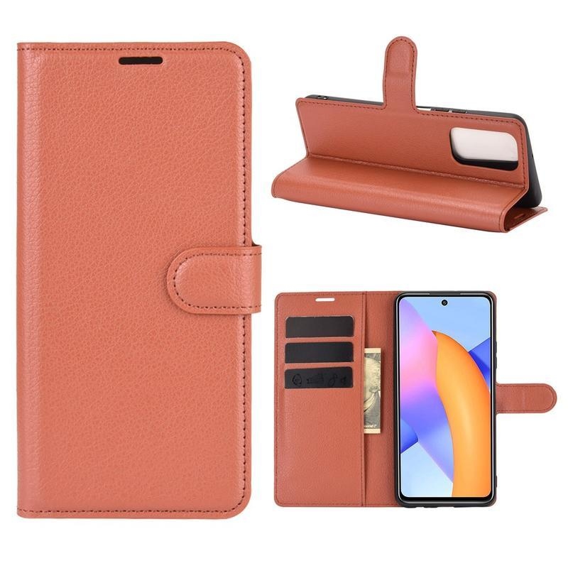 Litchi PU bőr pénztárca tok Honor 10X Lite-hoz - barna