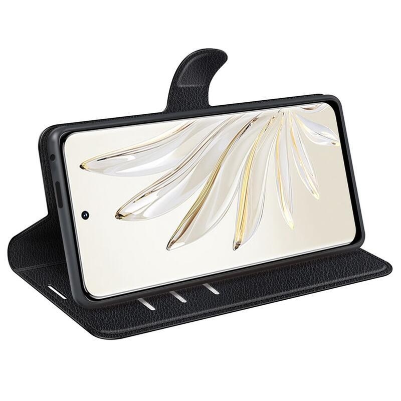 Litchi PU bőr pénztárca tok a Honor 70 5G számára - fekete