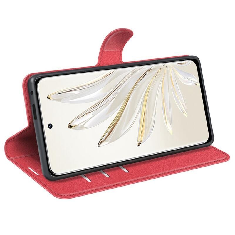 Litchi PU bőr pénztárca tok a Honor 70 5G számára - piros