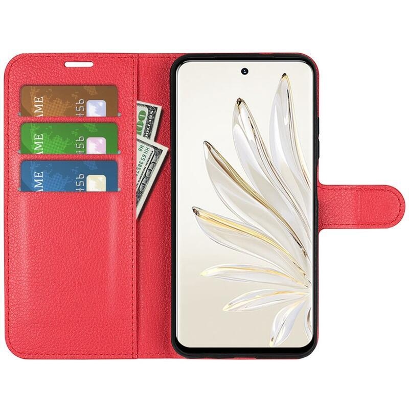Litchi PU bőr pénztárca tok a Honor 70 5G számára - piros