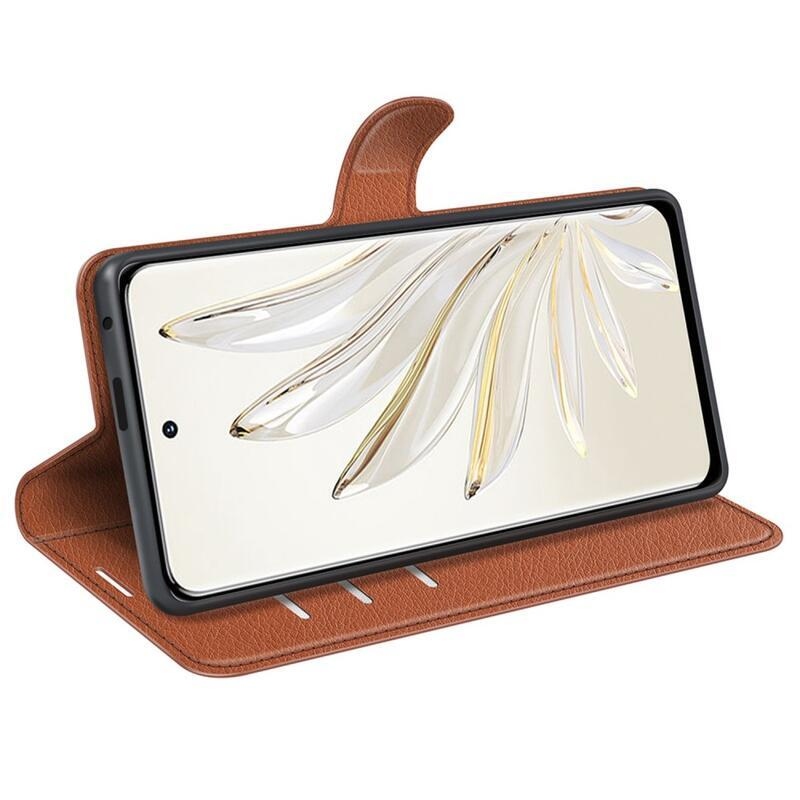 Litchi PU bőr pénztárca tok a Honor 70 5G számára - barna