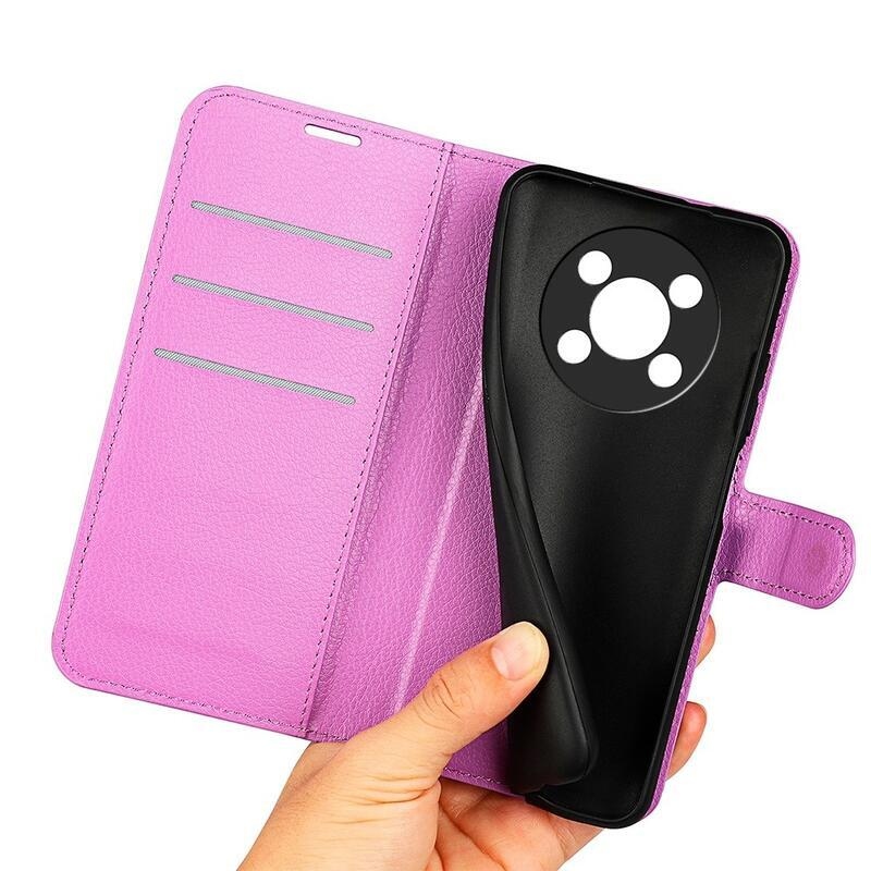 Litchi PU bőr pénztárca tok a Honor Magic 4 Lite 5G számára - lila
