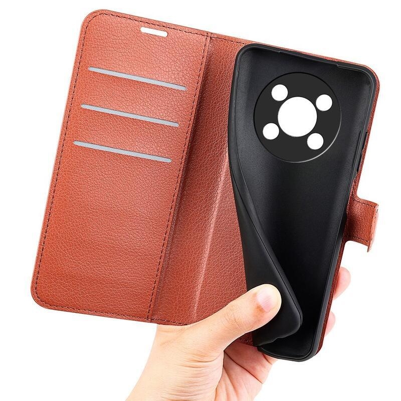 Litchi PU bőr pénztárca tok a Honor Magic 4 Lite 5G számára - barna