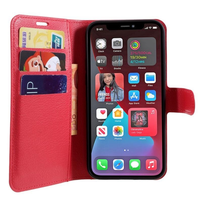 Litchi PU bőr pénztárca tok iPhone 12/12 Pro készülékhez - piros