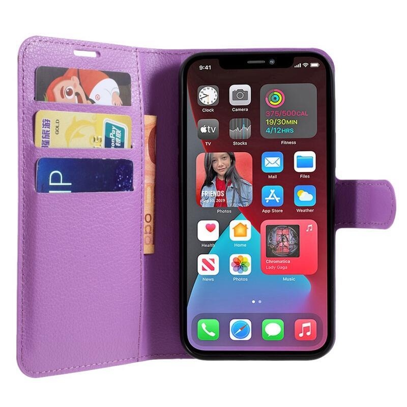 Litchi PU bőr pénztárca tok iPhone 12/12 Pro készülékhez - lila