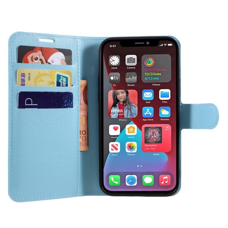 Litchi PU bőr pénztárca tok iPhone 12/12 Pro készülékhez - kék