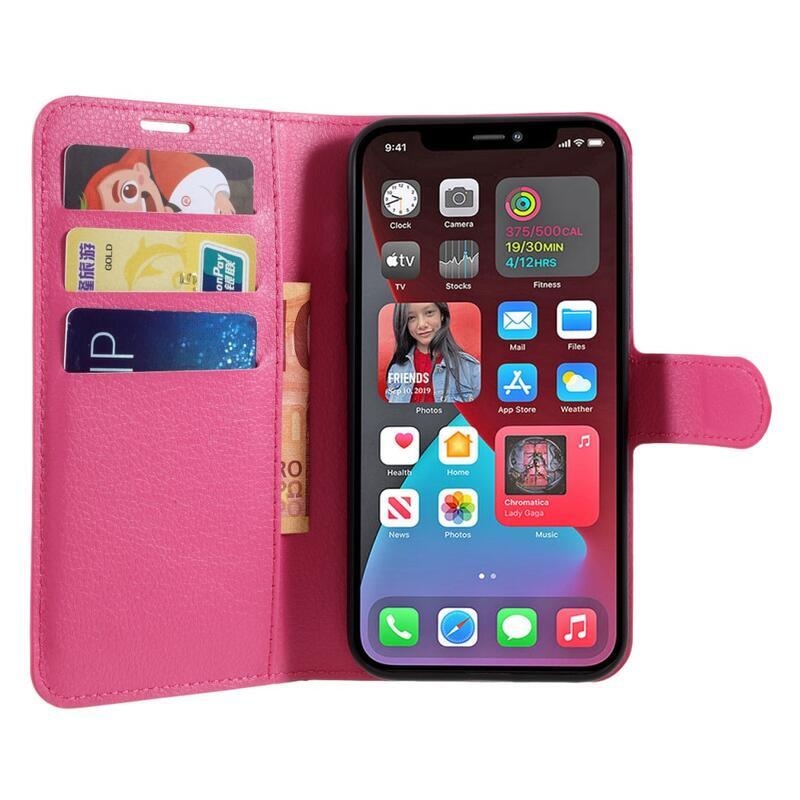 Litchi PU bőr pénztárca tok iPhone 12/12 Pro készülékhez - rózsaszínű