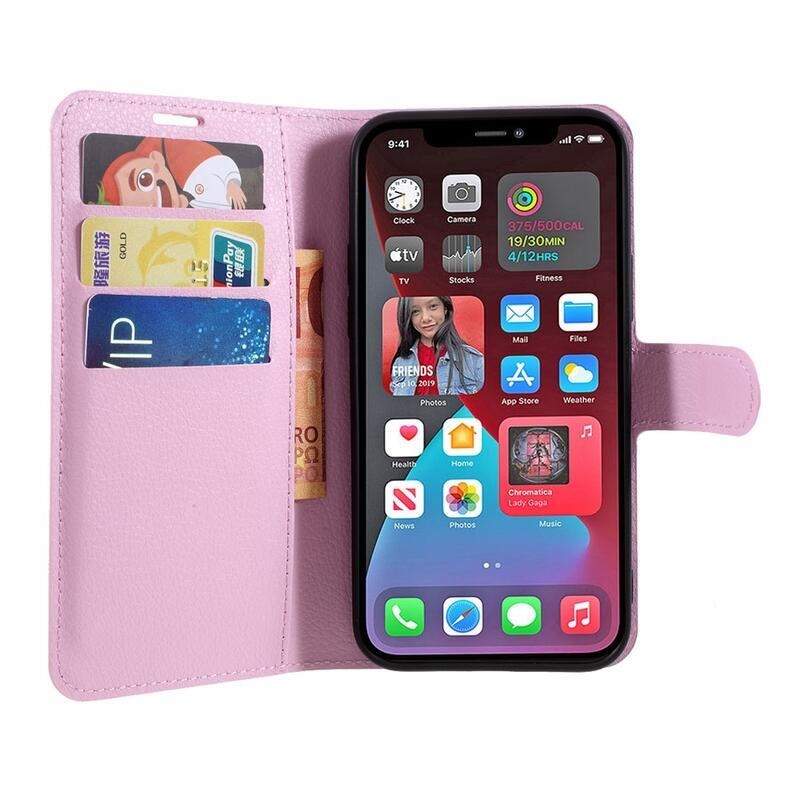 Litchi PU bőr pénztárca tok iPhone 12/12 Pro készülékhez - rózsaszín