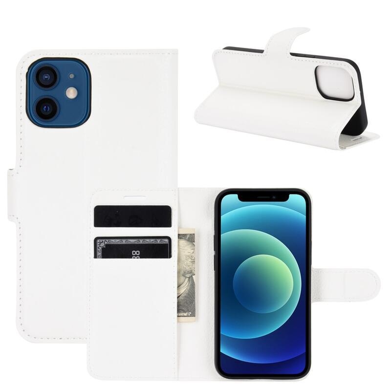 Litchi PU bőr pénztárca tok iPhone 12 mini 5.4 készülékhez - fehér