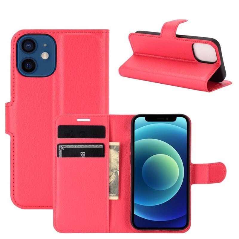 Litchi PU bőr pénztárca tok iPhone 12 mini 5.4 készülékhez - piros