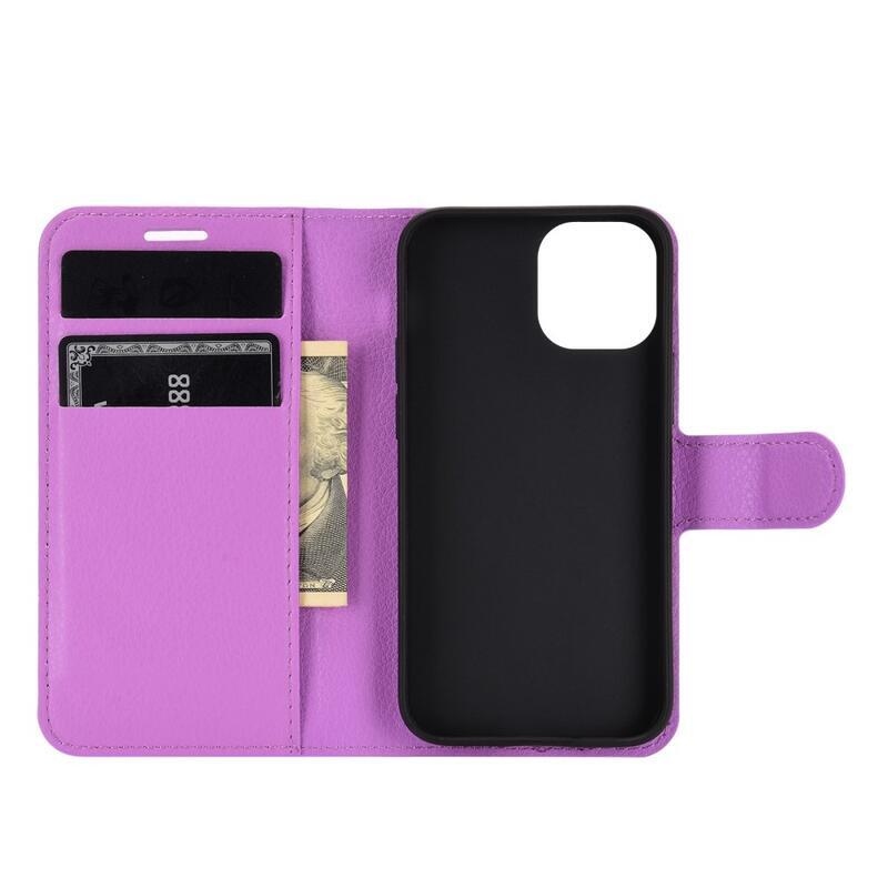 Litchi PU bőr pénztárca tok iPhone 12 mini 5.4 készülékhez - lila