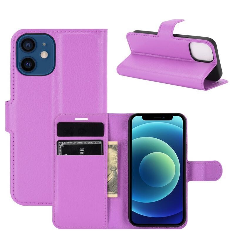 Litchi PU bőr pénztárca tok iPhone 12 mini 5.4 készülékhez - lila
