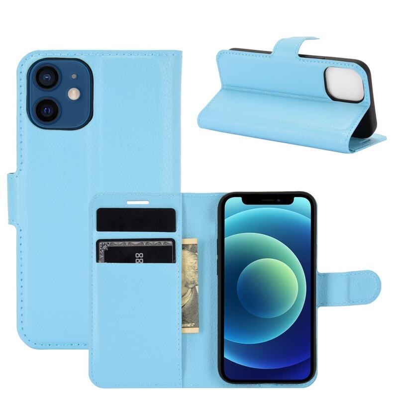 Litchi PU bőr pénztárca tok iPhone 12 mini 5.4 készülékhez - kék