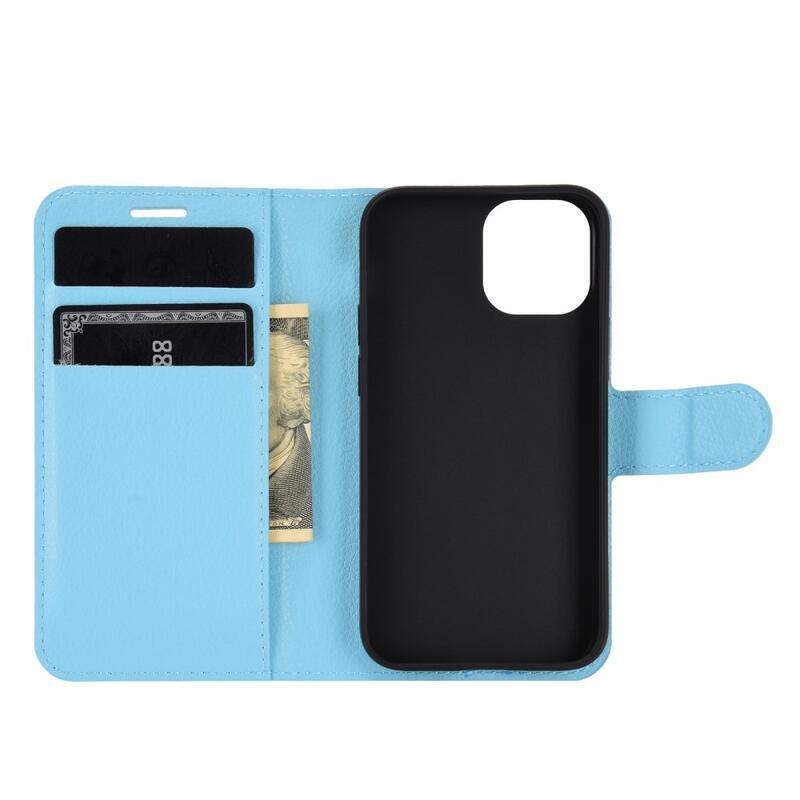 Litchi PU bőr pénztárca tok iPhone 12 mini 5.4 készülékhez - kék