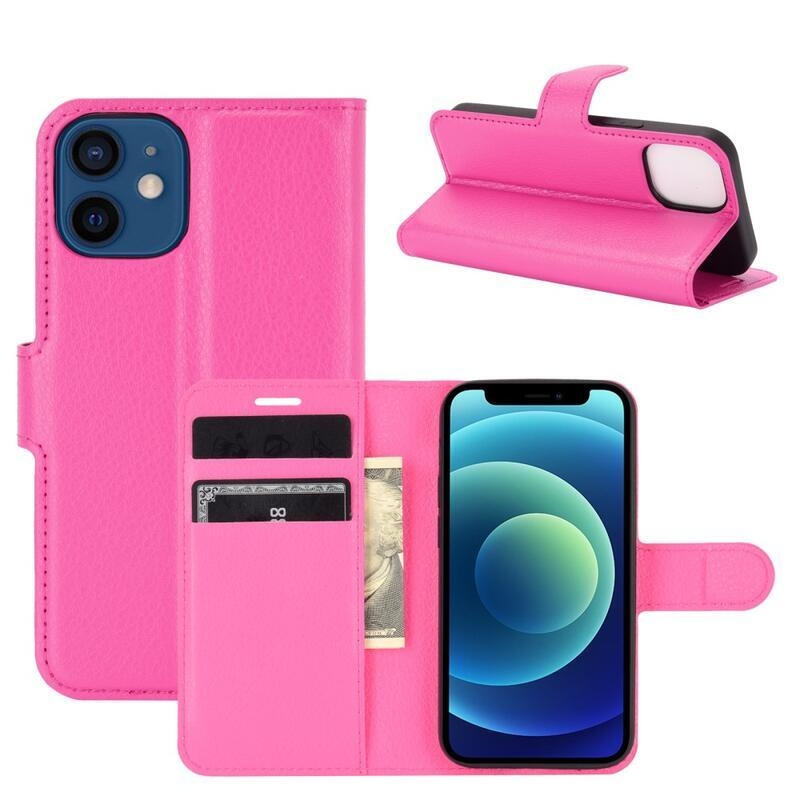 Litchi PU bőr pénztárca tok iPhone 12 mini 5.4 - rózsa