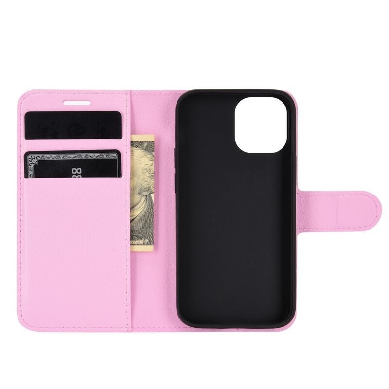 Litchi PU bőr pénztárca tok iPhone 12 mini 5.4 - rózsaszín