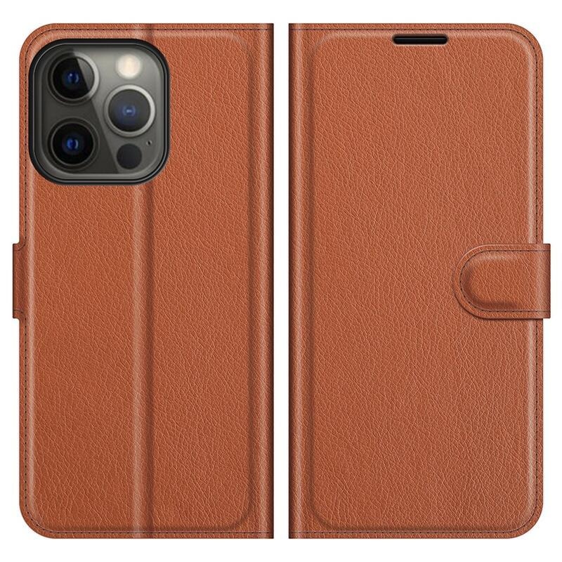 Litchi PU bőr pénztárca tok iPhone 13 Pro 6.1 készülékhez - barna
