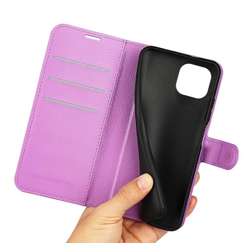 Litchi PU bőr pénztárca tok iPhone 14 6.1 készülékhez - lila