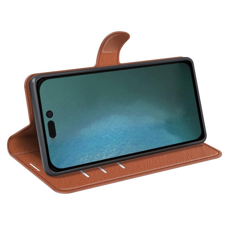 Litchi PU bőr pénztárca tok iPhone 14 6.1 készülékhez - barna