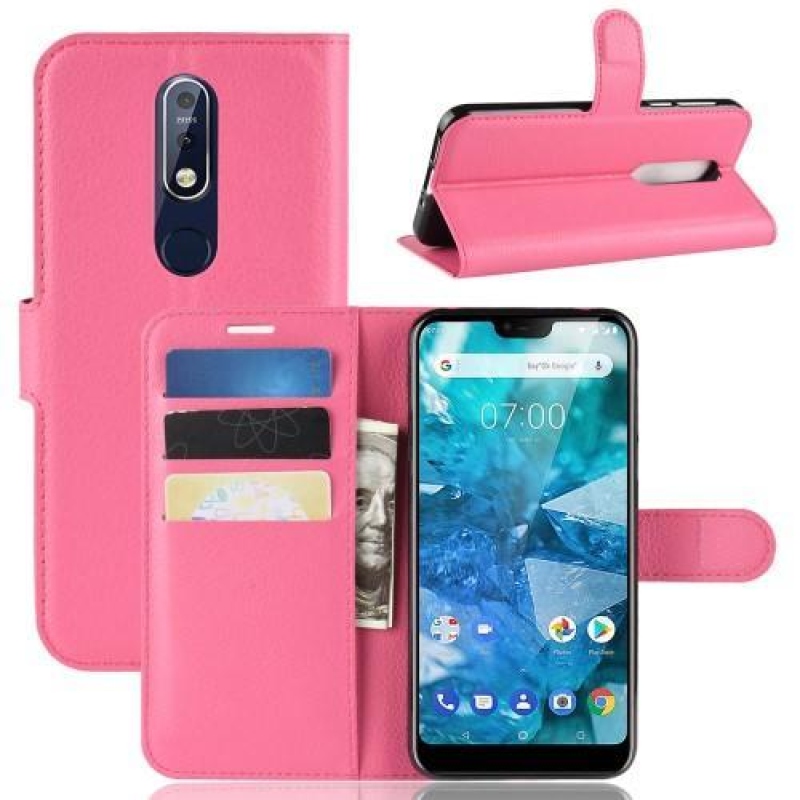 Litchi PU bőr pénztárca tok Nokia 7.1 - rózsaszínű