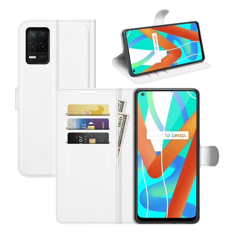 Litchi PU bőr pénztárca tok a Realme 8 5G-hez - fehér