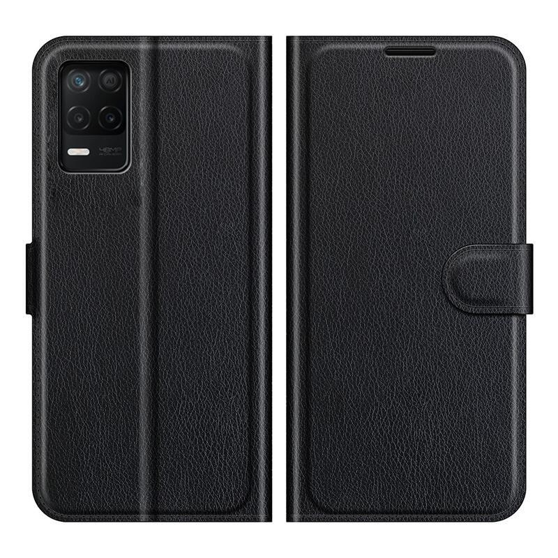 Litchi PU bőr pénztárca tok a Realme 8 5G-hez - fekete