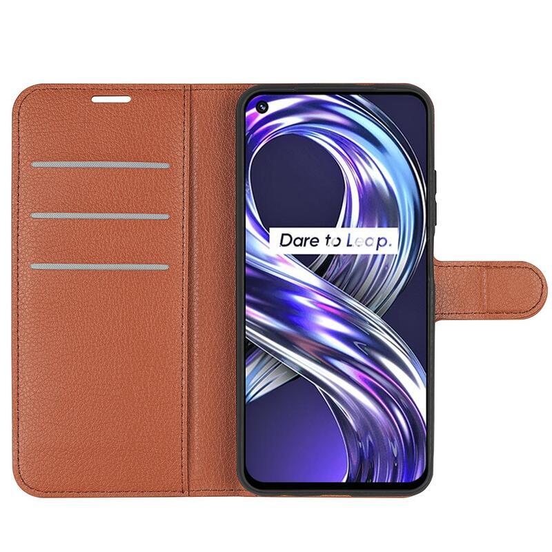 Litchi PU bőr pénztárca tok a Realme 8i számára - barna