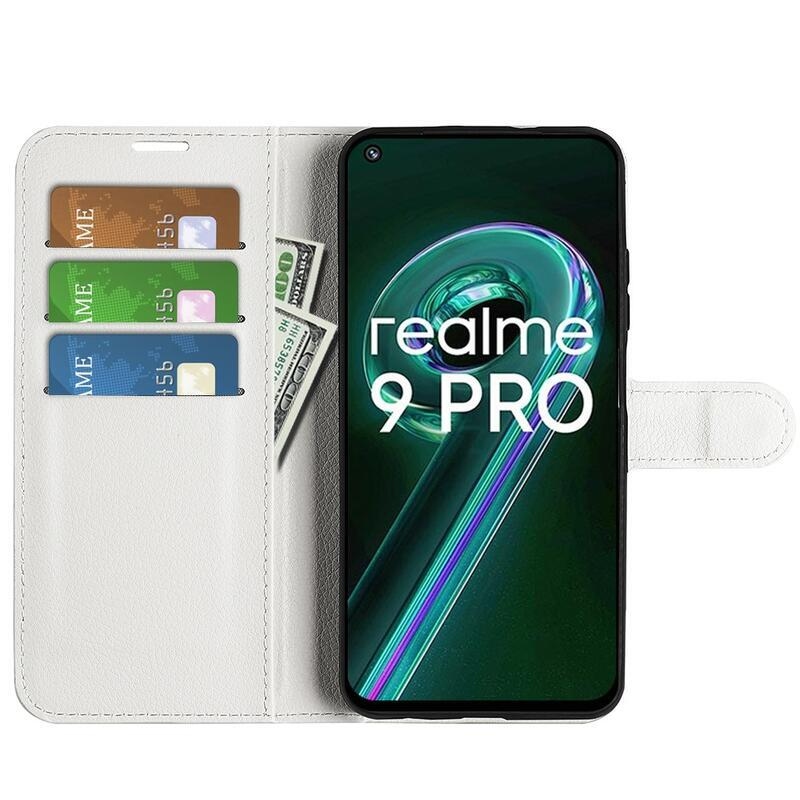 Litchi PU bőr pénztárca tok a Realme 9 Pro 5G számára - fehér