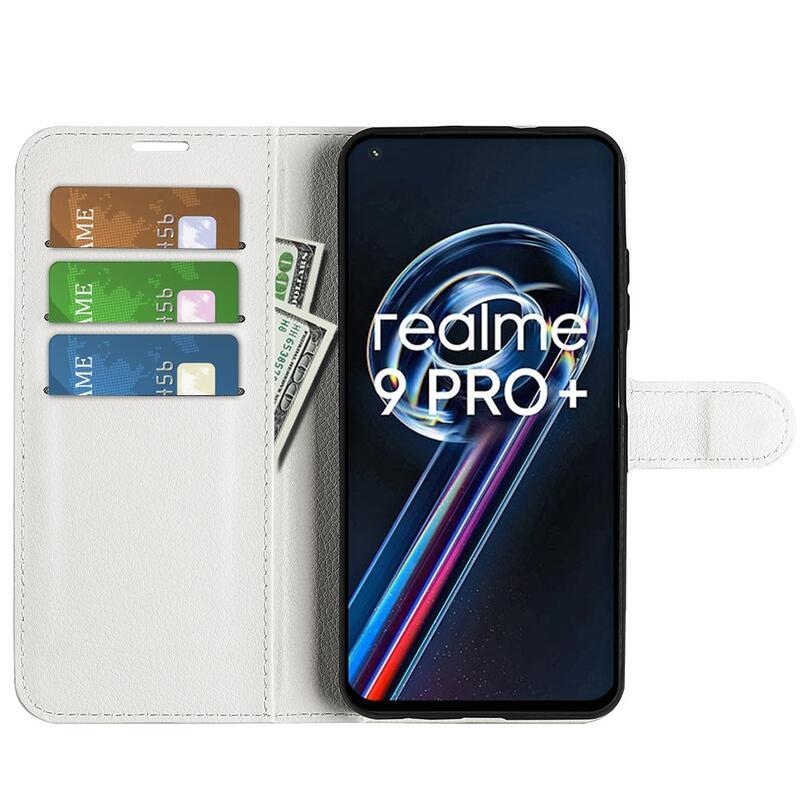 Litchi PU bőr pénztárca tok a Realme 9 Pro+ 5G számára - fehér