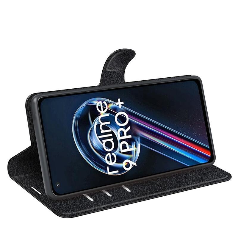 Litchi PU bőr pénztárca tok a Realme 9 Pro+ 5G számára - fekete