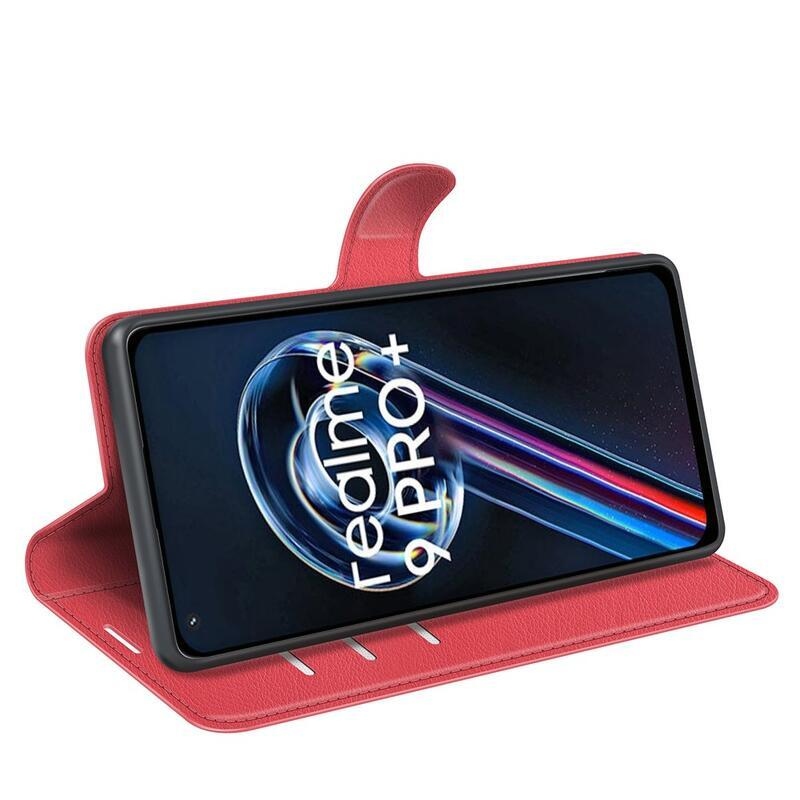Litchi PU bőr pénztárca tok a Realme 9 Pro+ 5G számára - piros