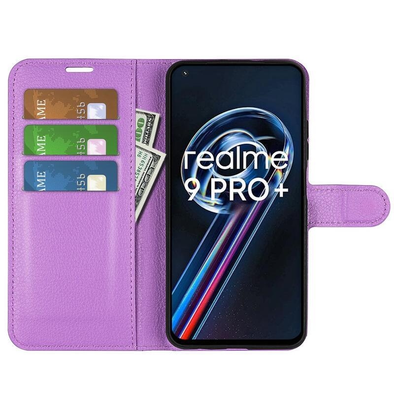 Litchi PU bőr pénztárca tok a Realme 9 Pro+ 5G számára - lila