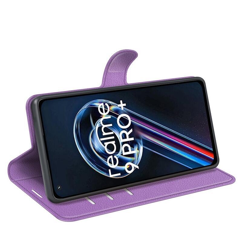 Litchi PU bőr pénztárca tok a Realme 9 Pro+ 5G számára - lila