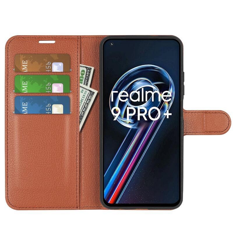 Litchi PU bőr pénztárca tok a Realme 9 Pro+ 5G számára - barna