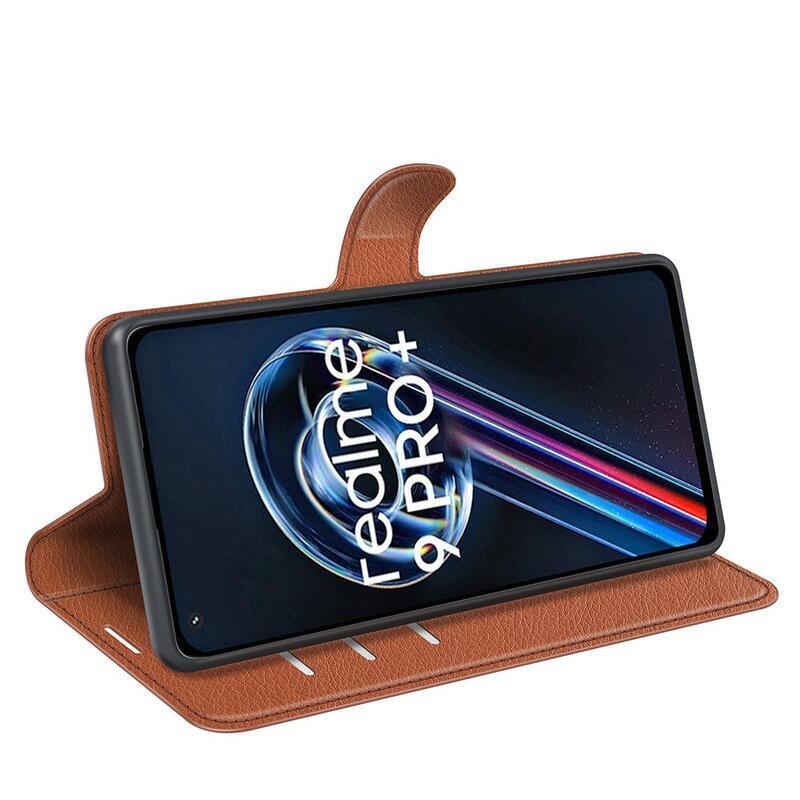 Litchi PU bőr pénztárca tok a Realme 9 Pro+ 5G számára - barna