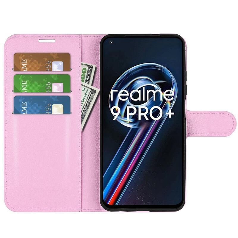 Litchi PU bőr pénztárca tok a Realme 9 Pro+ 5G számára - rózsaszínű