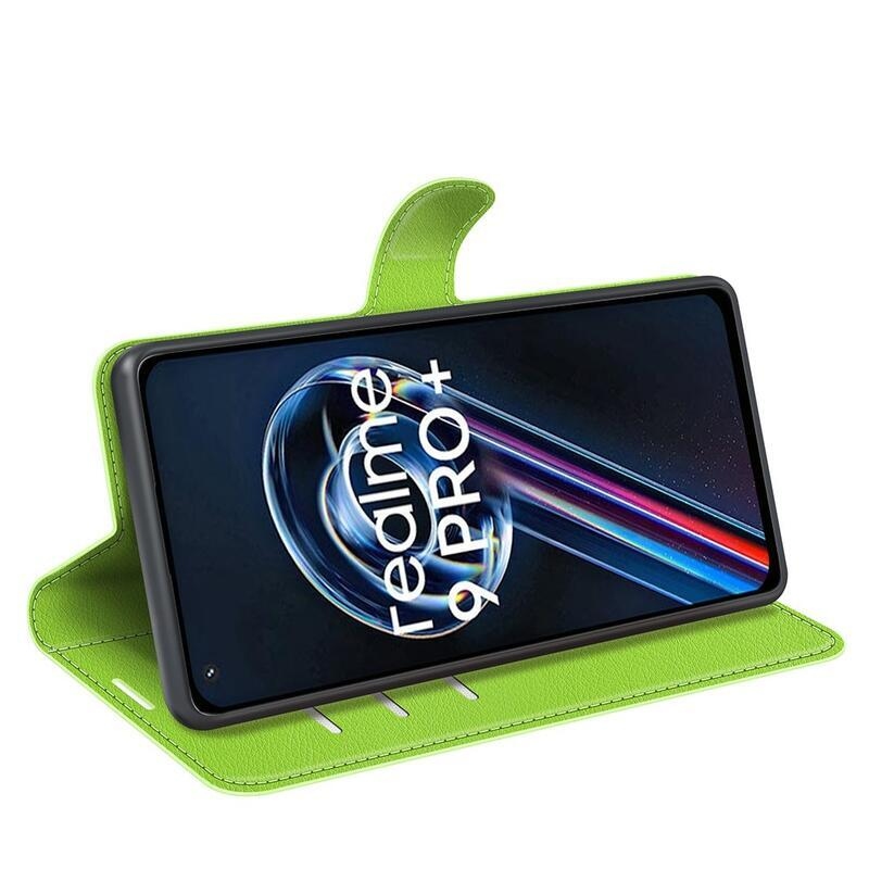 Litchi PU bőr pénztárca tok a Realme 9 Pro+ 5G számára - zöld