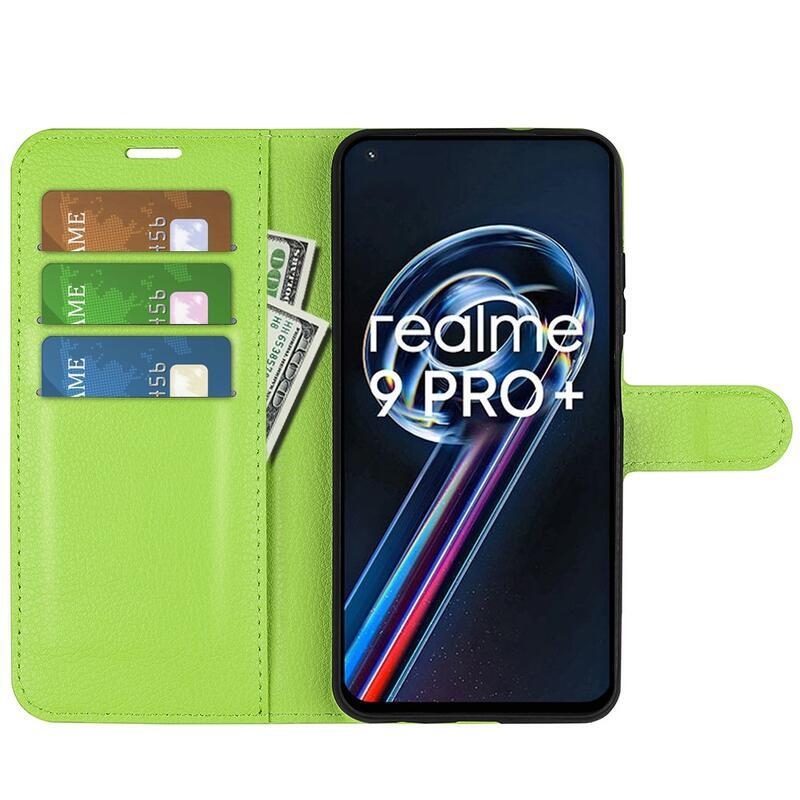 Litchi PU bőr pénztárca tok a Realme 9 Pro+ 5G számára - zöld