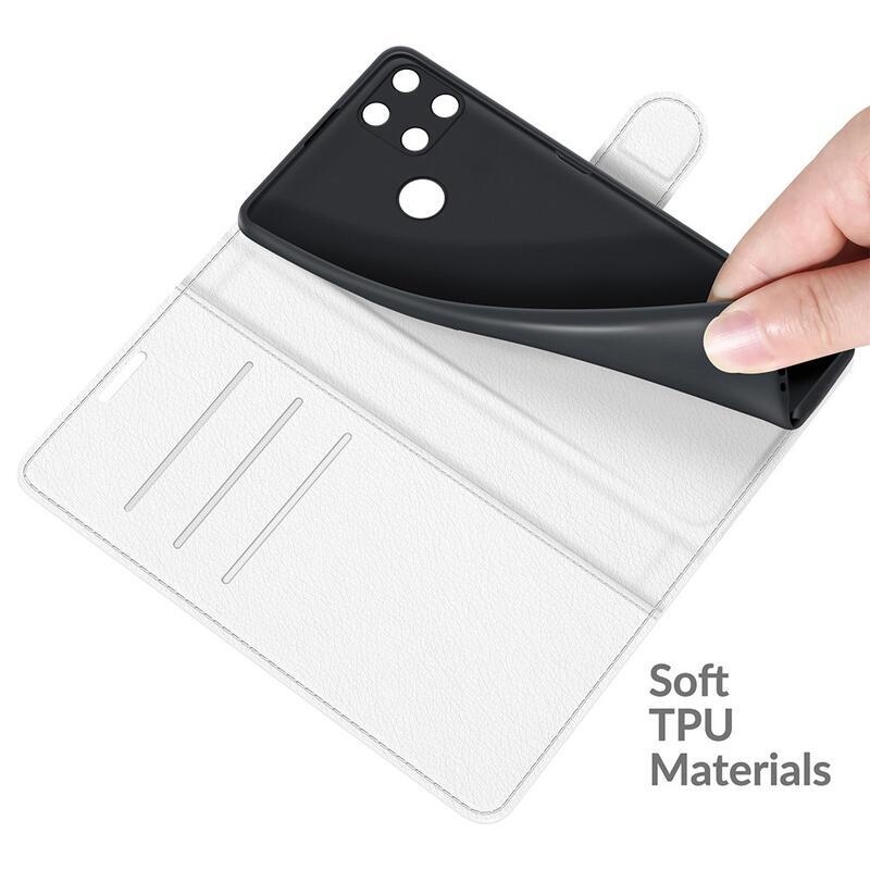 Litchi PU bőr pénztárca tok mobiltelefonra Realme C21Y/C25Y - fehér