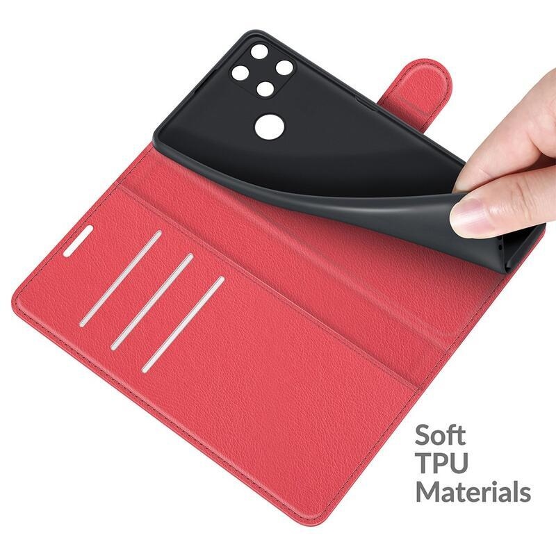 Litchi PU bőr pénztárca tok mobiltelefonhoz Realme C21Y/C25Y - piros